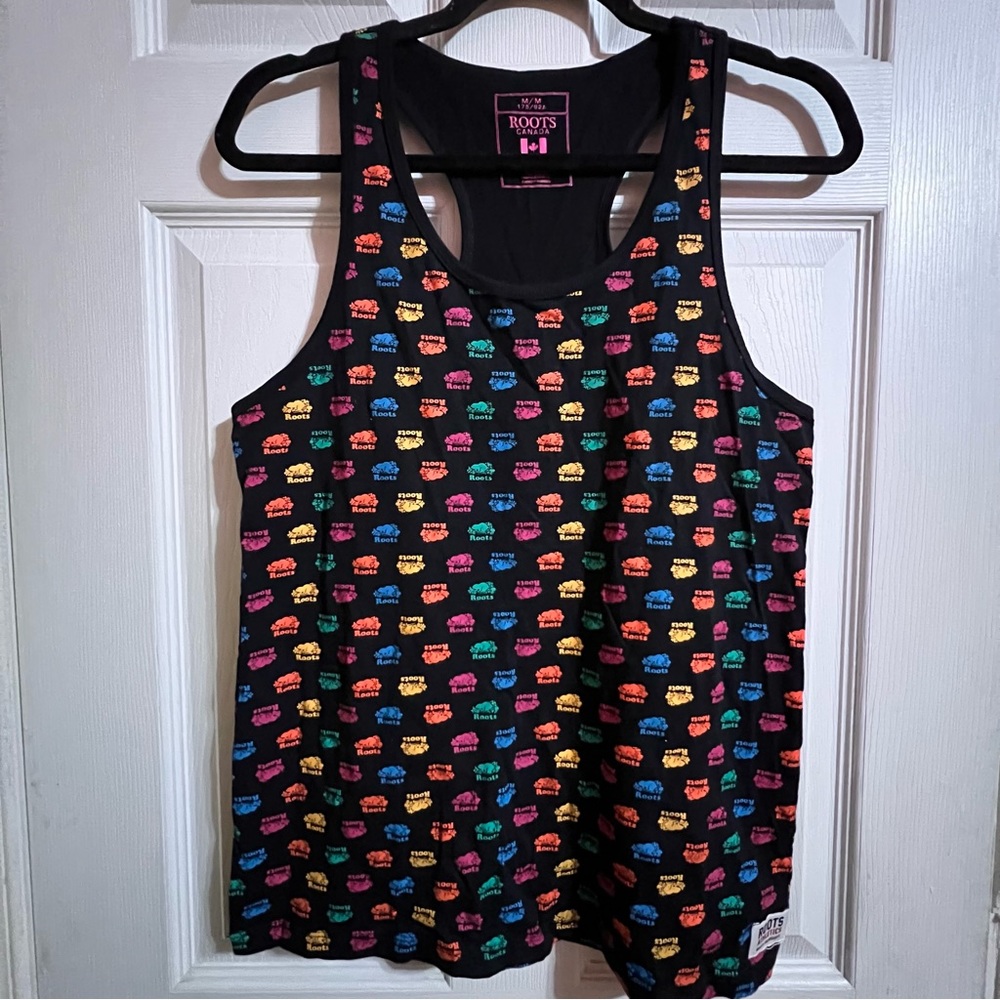 Roots rainbow beaver logo all over print racerback tank top size medium